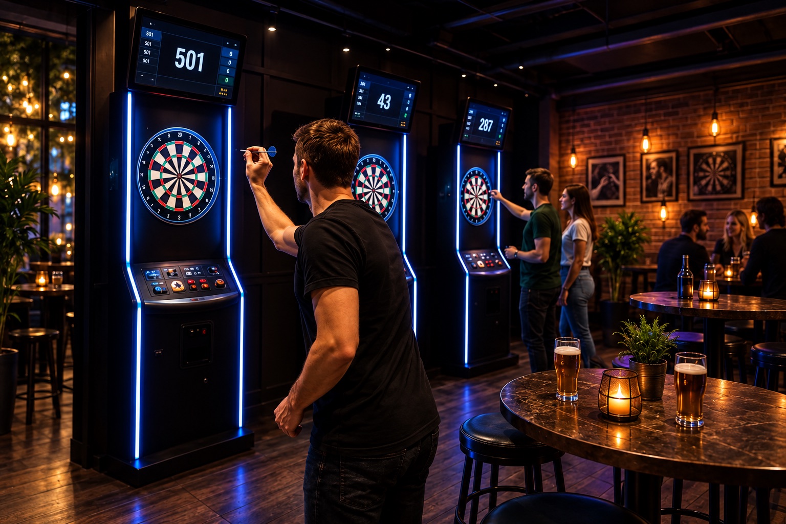 Spelers bij verlichte elektronische dartborden