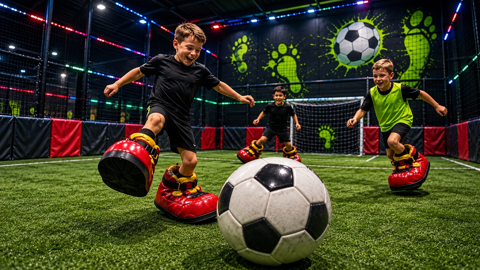 Kinderen voetballen met grote rode zachte schoenen
