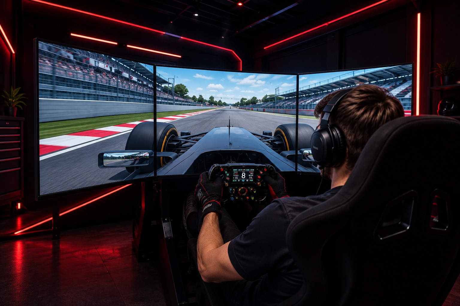 Spieler in einem Rennsimulator mit drei Bildschirmen