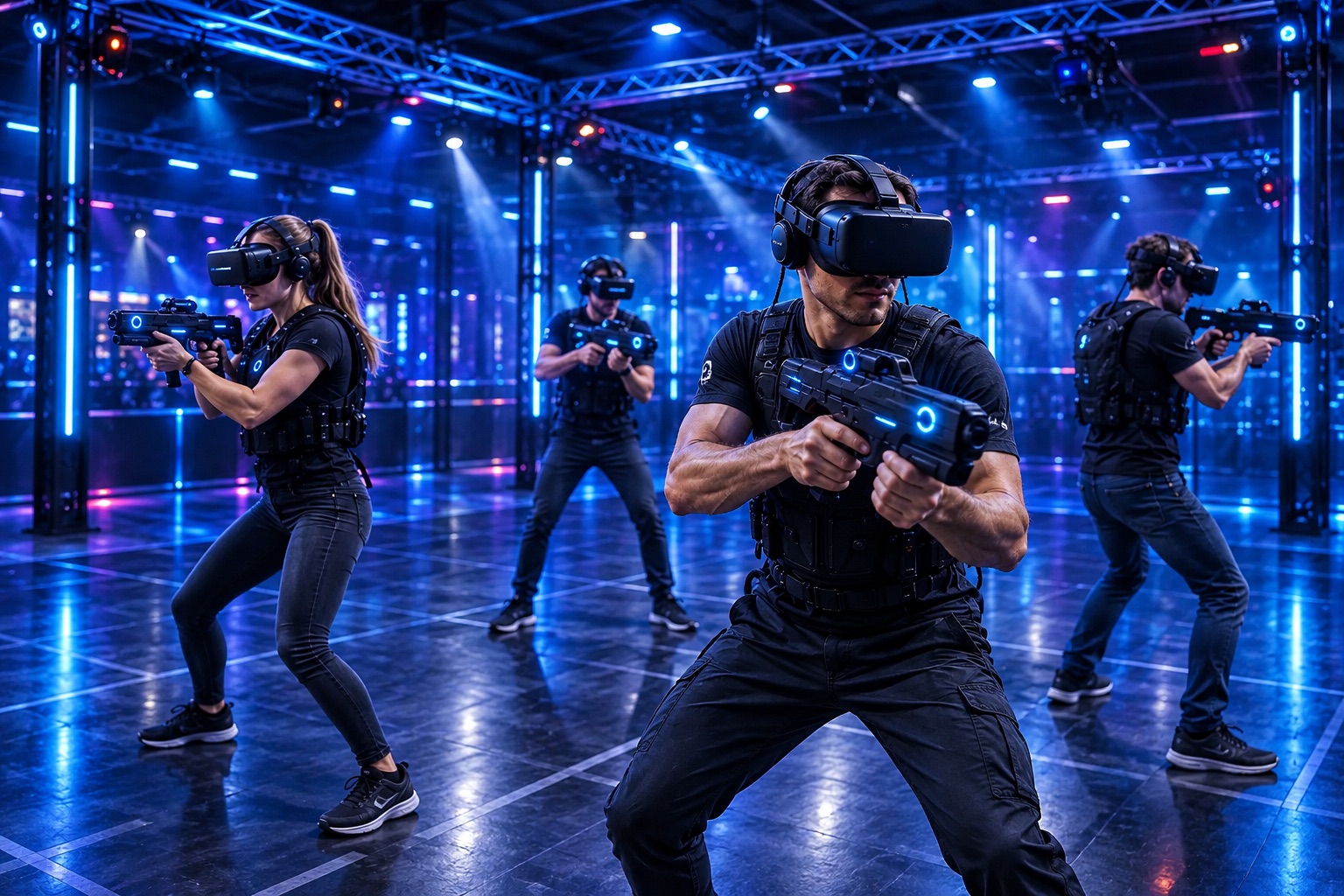 Vier spelers met VR-headsets in een verlichte arena