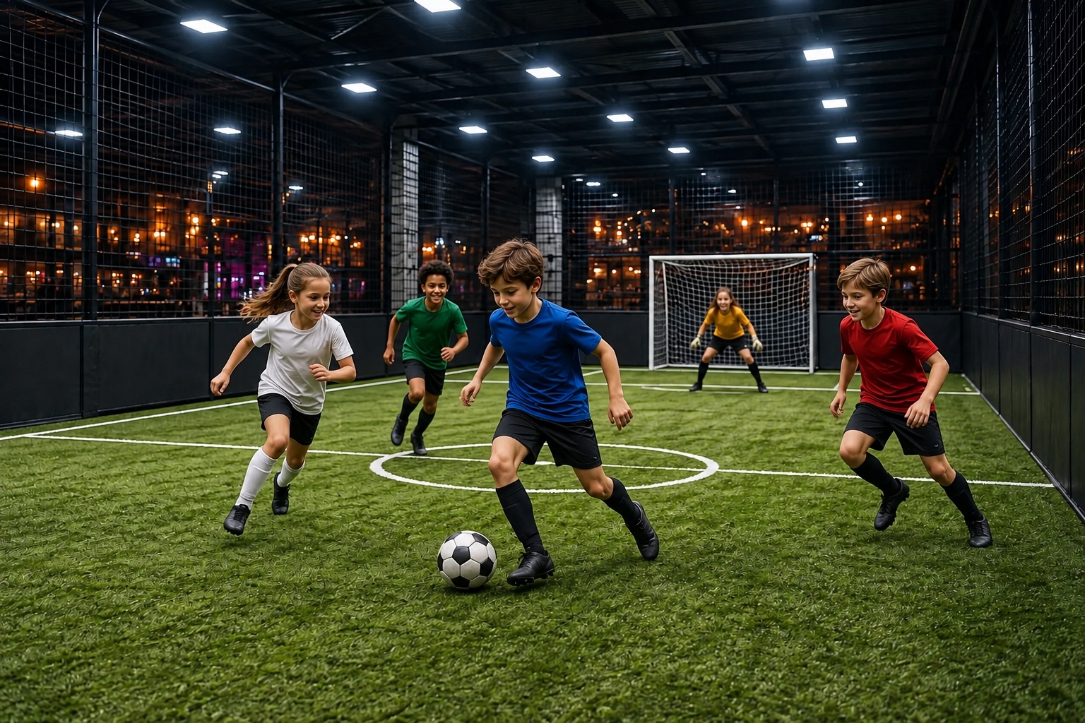 Vijf kinderen voetballen op een compact indoor kunstgrasveld