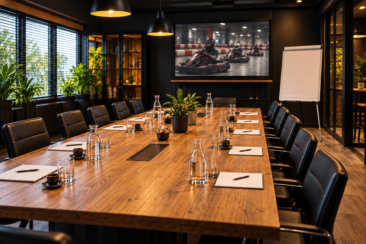 Vergaderruimte met houten tafel, projectiescherm en koffie